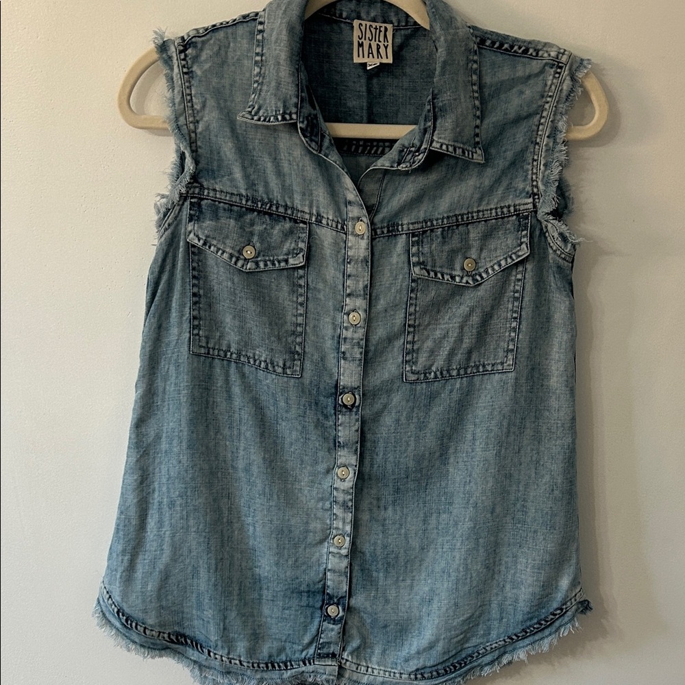 Sister Mary Alys Blouse Distressed Raw Hem Sleeveless Western Button Down XS